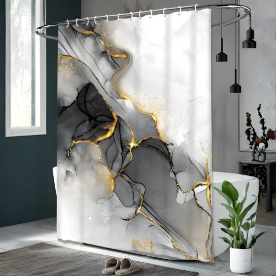 Шторка для ванної та душу з кільцями 180x180 см водовідштовхувальна, шторка для душової та ванної з гачками, мармурово-чорний Кам'янець-Подільський