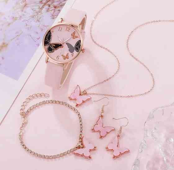 Подарочный набор для женщин Бабочка: наручные часы, браслет, ожерелье и серьги- без подарочной коробки розовый Киев