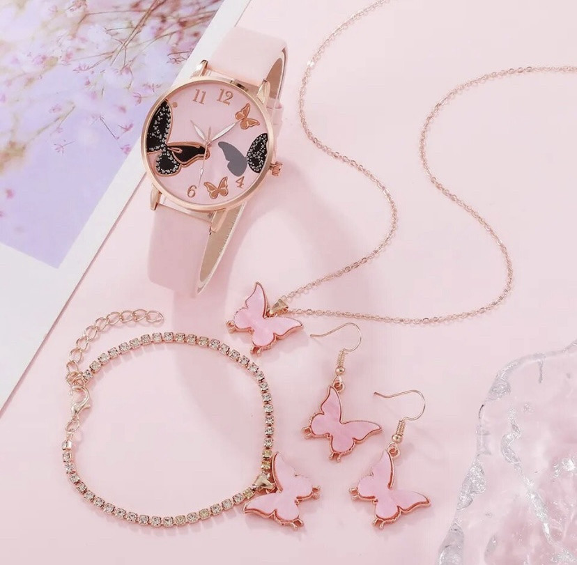 Подарочный набор для женщин Бабочка: наручные часы, браслет, ожерелье и серьги- без подарочной коробки розовый Киев - изображение 3