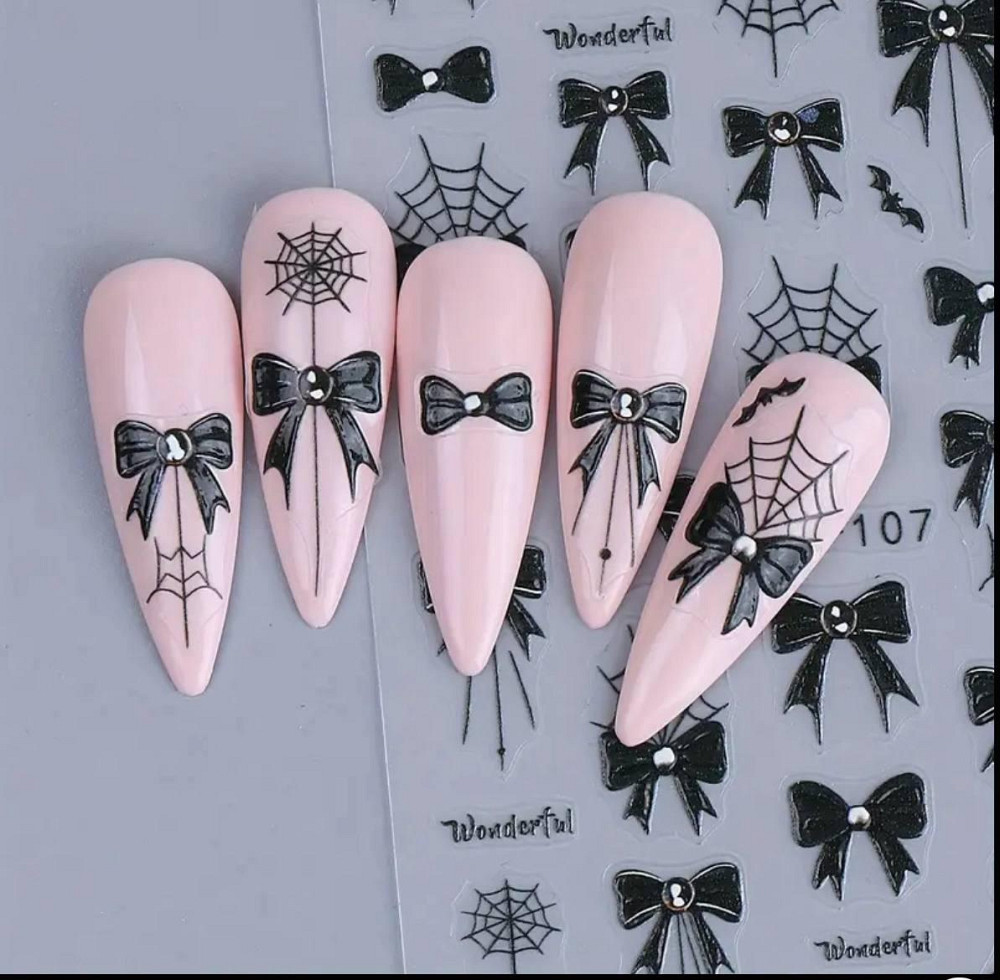 Наклейки для нігтів чорні бантики та павутинка 3D — 1 лист Київ - фото 5