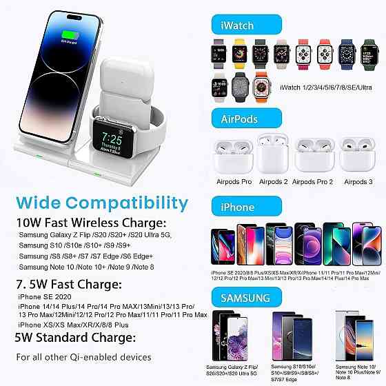 Беспроводная зарядка 3-в-1 для iPhone, Apple Watch и AirPods, быстрая Qi зарядная станция белая, док-станция Киев