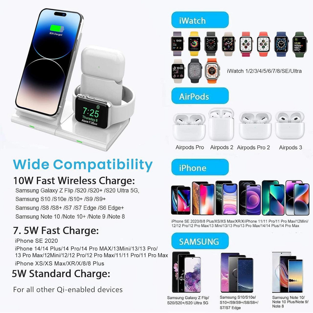 Беспроводная зарядка 3-в-1 для iPhone, Apple Watch и AirPods, быстрая Qi зарядная станция белая, док-станция Киев - изображение 2