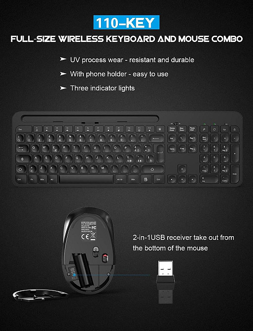 Бездротовий комплект клавіатура та миша TedGem, 2.4G USB, 110 клавіш, слот для смартфона, чорний, для ноутбука і ПК Київ - фото 7