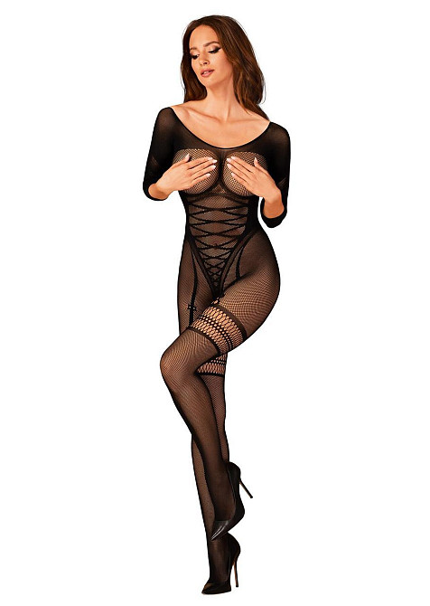 Сетчатый бодистокинг с имитацией подвязок Obsessive Bodystocking G329 XL/XXL, black, с доступом Sex Aura Киев - изображение 3