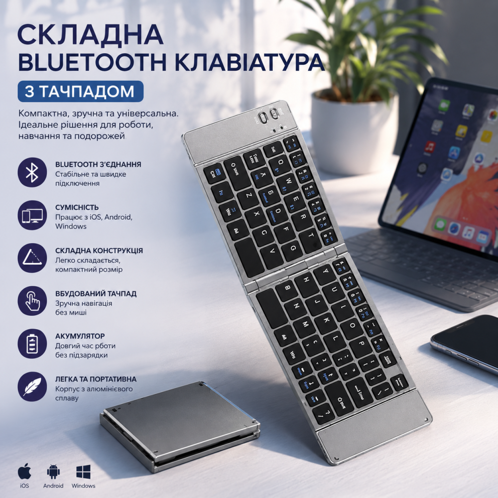Бездротова складана Bluetooth клавіатура A-Plus Mini з тачпадом, для iPad, Android, Windows, iOS, планшета, смартфона, сіра Київ - фото 9