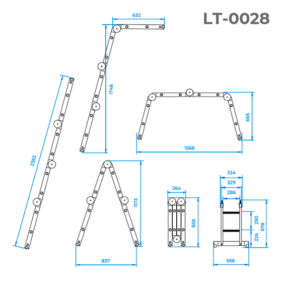 Драбина алюмінієва багатофункціональна трансформер, 4×2 сходинки, 2,38 м, 150 кг INTERTOOL LT-0028 Київ