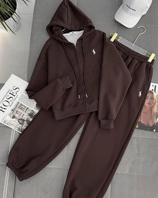 Женский теплый прогулочный костюм двойка: кофта и штаны трехнитка на флисе Шоколад, 46/48 Одесса - изображение 1