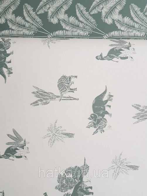 Обои флизелиновые детские  Caselio Our Planet животные динозавры пальмы папоротник серые на белом фоне Киев - изображение 2
