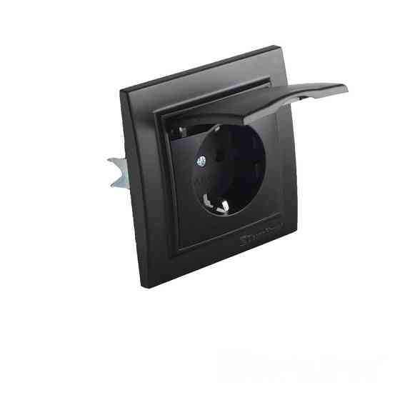 Розетка с заземлением с крышкой, влагозащищенная 16A, термопластик, Enzo безупречный графит Днепр