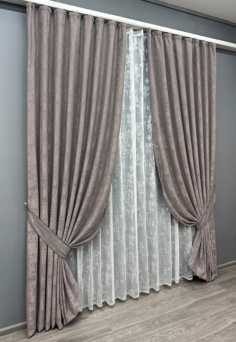 Комплект штор VR-Textil Жакард Мармур 150х270 2шт і Тюль 600х270 1210ш-1400т Сіро-пудровий з білим 71-007/5 Київ - фото 10