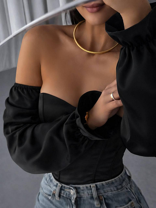 Жіночий романтичний привабливий укорочений корсет атлас Scarlet Чорний, M/L Одеса - фото 2