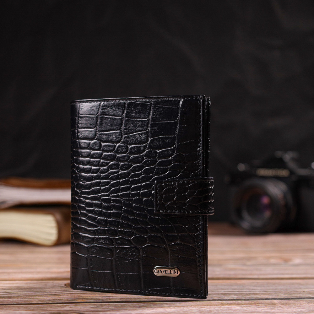 Стильний вертикальний чоловічий гаманець середнього розміру з натуральної шкіри з тисненням під крокодила CANPELLINI 21736 Чорний Київ - фото 9