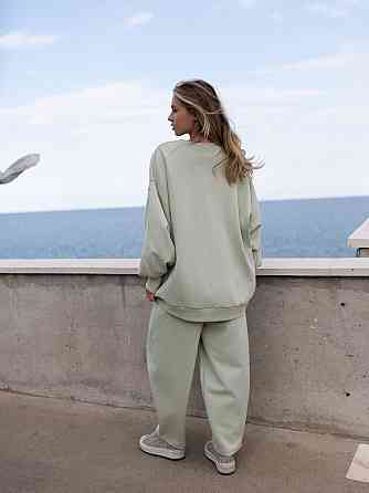 Женский оверсайз костюм: объемная кофта с трендовыми брюками бананами турецкий дабл фейс 100% хлопок Оливка Одесса