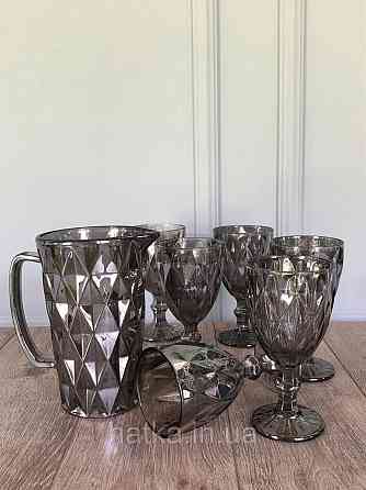 Набір 6 шт. келихів + глечик 1 л. «Дзеркальний Смарагд» 300 мл графітовий колір Київ