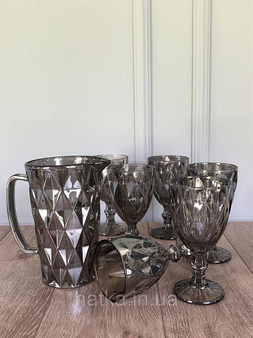 Набір 6 шт. келихів + глечик 1 л. «Дзеркальний Смарагд» 300 мл графітовий колір Київ - фото 1