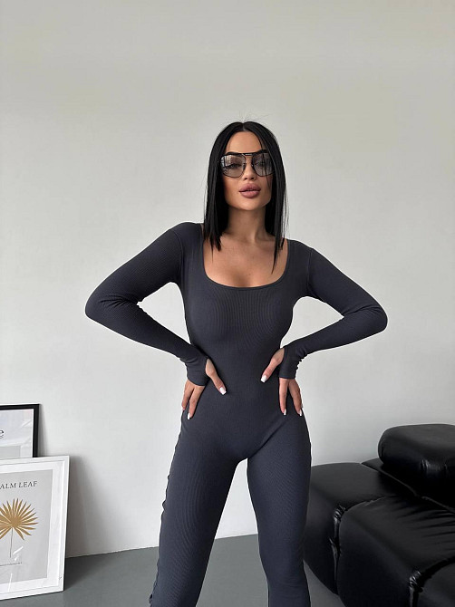 Жіночий стильний повсякденний комбінезон, щільний рубчик трикотаж. Графіт, 42/44 Одеса - фото 4