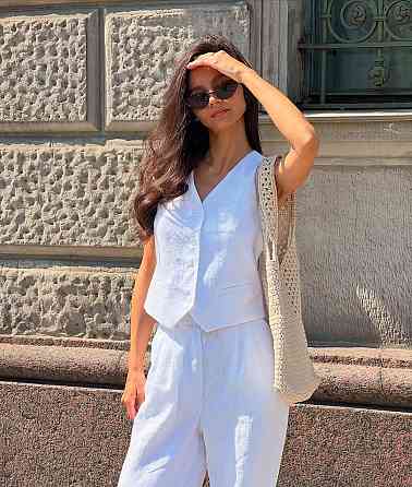 Жіночий стильний літній костюм-двійка льон Білий, 42/44 Одеса