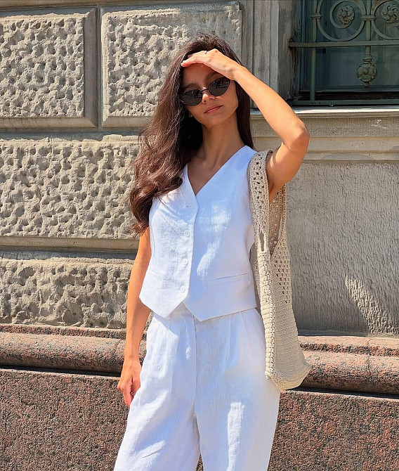 Женский стильный летний костюм двойка лён Белый, 42/44 Одесса - изображение 2