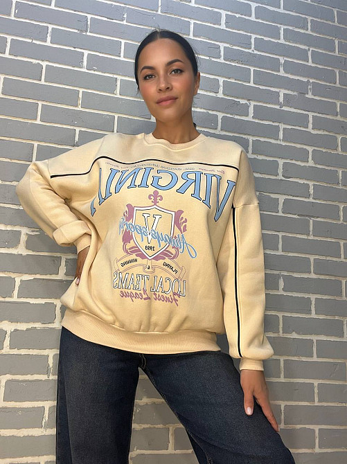 Свитшот женский OLIVIA 2468 надпись впереди VIRGINIA утепленный на флисе модель оверсайз one size, світло-бежевый, one size Киев - изображение 8