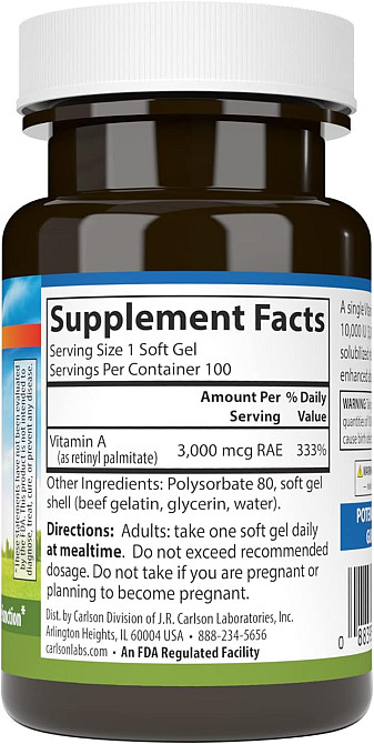 Вітамін A Carlson Vitamin A, 3,000 mcg RAE (10,000 IU), 100 Soft Gels Луцьк - фото 2