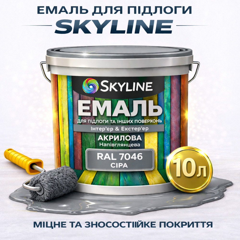 Емаль для підлоги SkyLine RAL 7046 Сіра, вологостійка, зносостійка, без запаху, для дерева, металу та бетону, 10 л Харків - фото 1