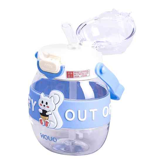 Yiwu Пляшка для води дитяча з трубочкою 580 мл з ручкою та ремінцем 15 см Синя HP-14-37BL Киев