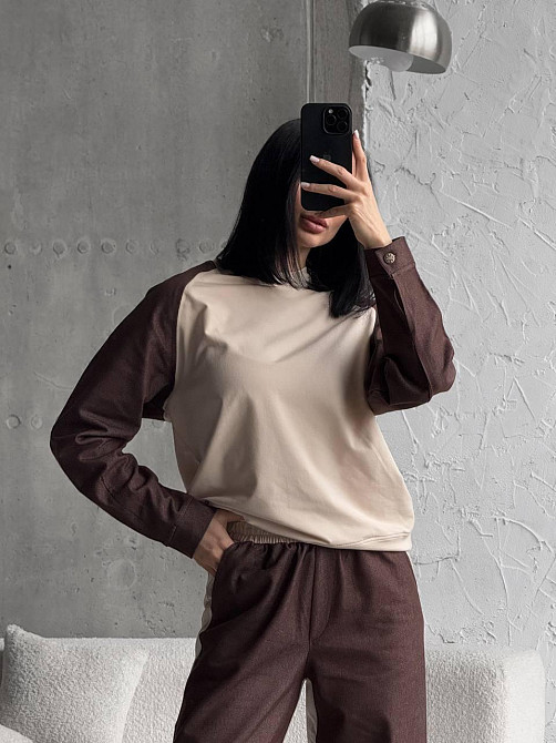 Жіночий ефектний комбінований костюм-двійка: кофта та штани джинс-котон + турецька двонитка Шоколадний, 46/48 Одеса - фото 5