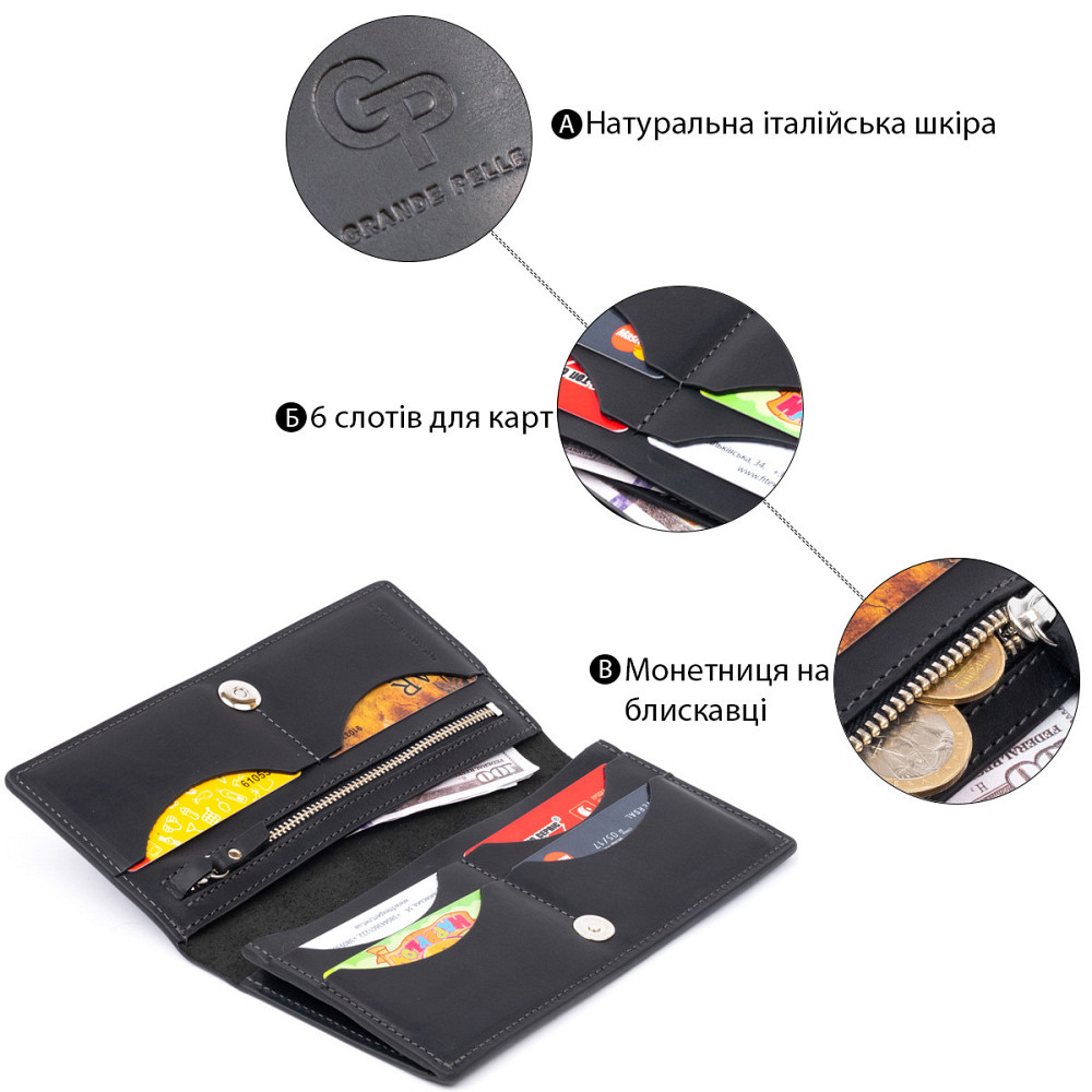 Вертикальный бумажник матовый на магнитной кнопке Черный (GRANDE PELLE) Киев - изображение 8