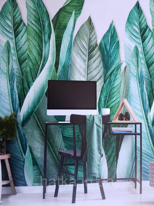 Шпалери вінілові Grandeco One roll one motif 2 A39501 панно рослини великі листки зелені на бежевому Київ - фото 2