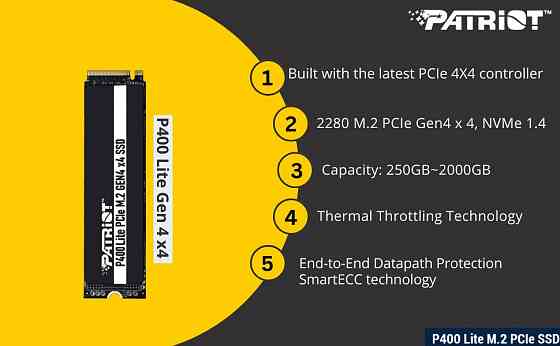 Накопичувач SSD 2 TB Patriot P400 Lite M.2 2280 PCIe NVMe 4.0 x4 3D TLC (P400LP2KGM28H) M.2 Харків