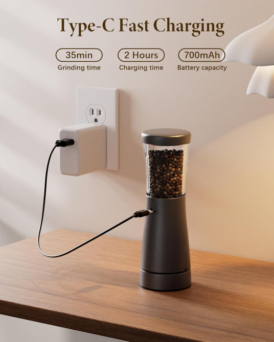 Набір електричних млинків для солі та перцю WONMAKE USB: акумуляторні, регульований помел, LED-підсвічування, 2 шт. (Black/White) Київ - фото 7