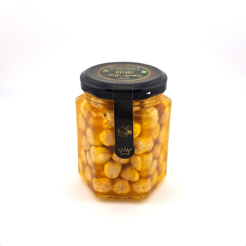 Горіхи з медом у скляній, шестикутній баночці вагою 240 грамів. Фундук. Одеса - фото 2