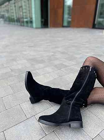 Nivelle Жіночі чоботи зимові з натуральної замші на низькому ходу чорні / Чоботи замшеві 5464/2 Коломыя