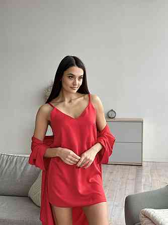 Комплект жіночий шовковий халат і нічна сорочка 3XL/4XL, Червоний Харків