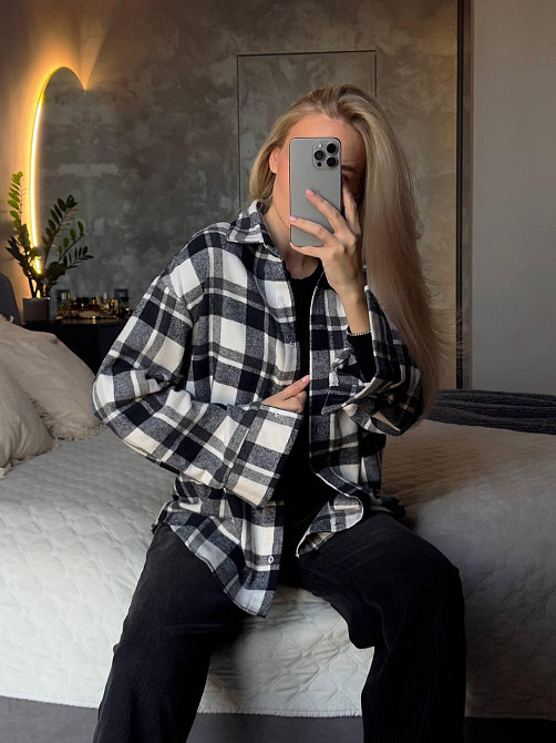 Женская базовая теплая клетчатая рубашка турецкий кашемир синий-белый Одесса - изображение 2