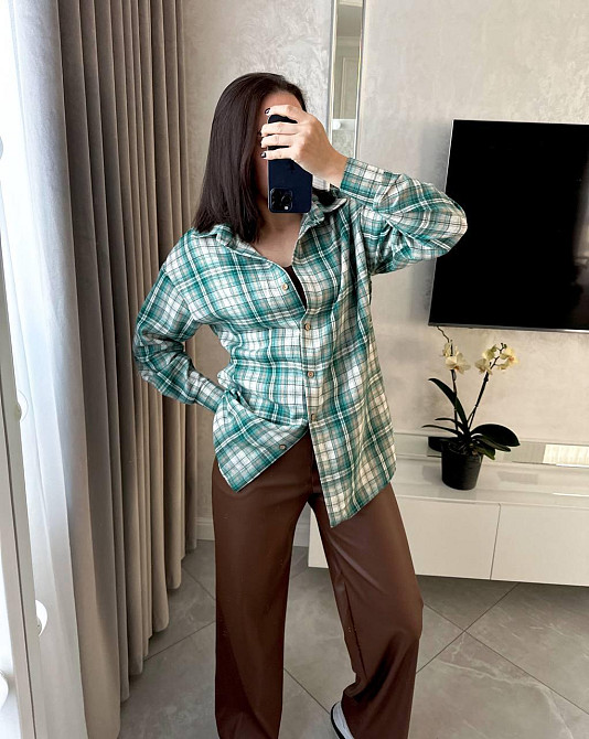 Женская повседневная рубашка в клетку на пуговицах Зелёный, 42/46 Одесса - изображение 4