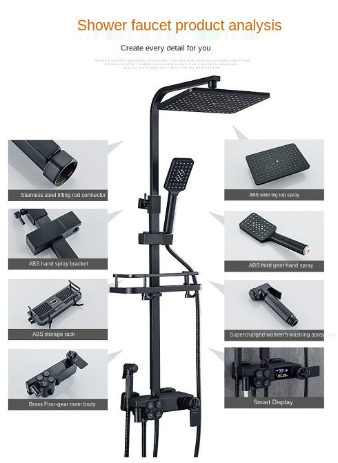 Душевая система хром черный,термостатический набор для душа-4 функции (950766021) Киев - изображение 8