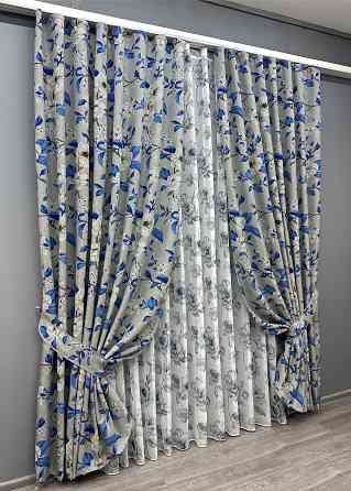 Комплект штор VR-Textil Лен Прованс 150х265 2шт и Тюль 600х265 1725ш-1543т Светло-серый с синим и белым 71-105/5 Киев