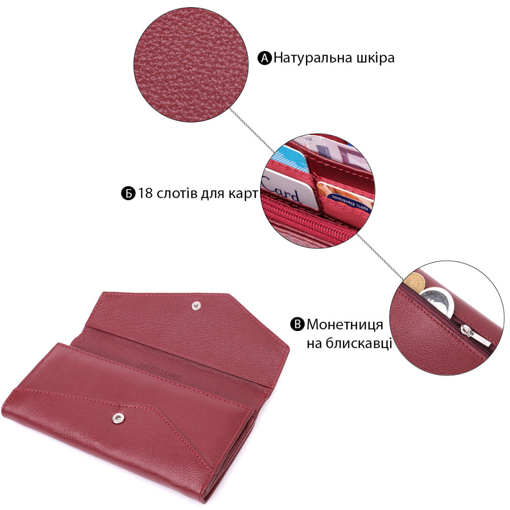 Кошелек для женщин из натуральной кожи с геометрическим клапаном ST Leather 22547 Бордовый Киев - изображение 7
