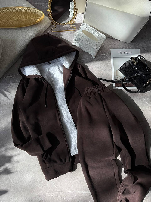 Женский теплый повседневный костюм двойка: худые+штаны, трехнить на флисе + мех Шоколад, 50/52 Одесса - изображение 5