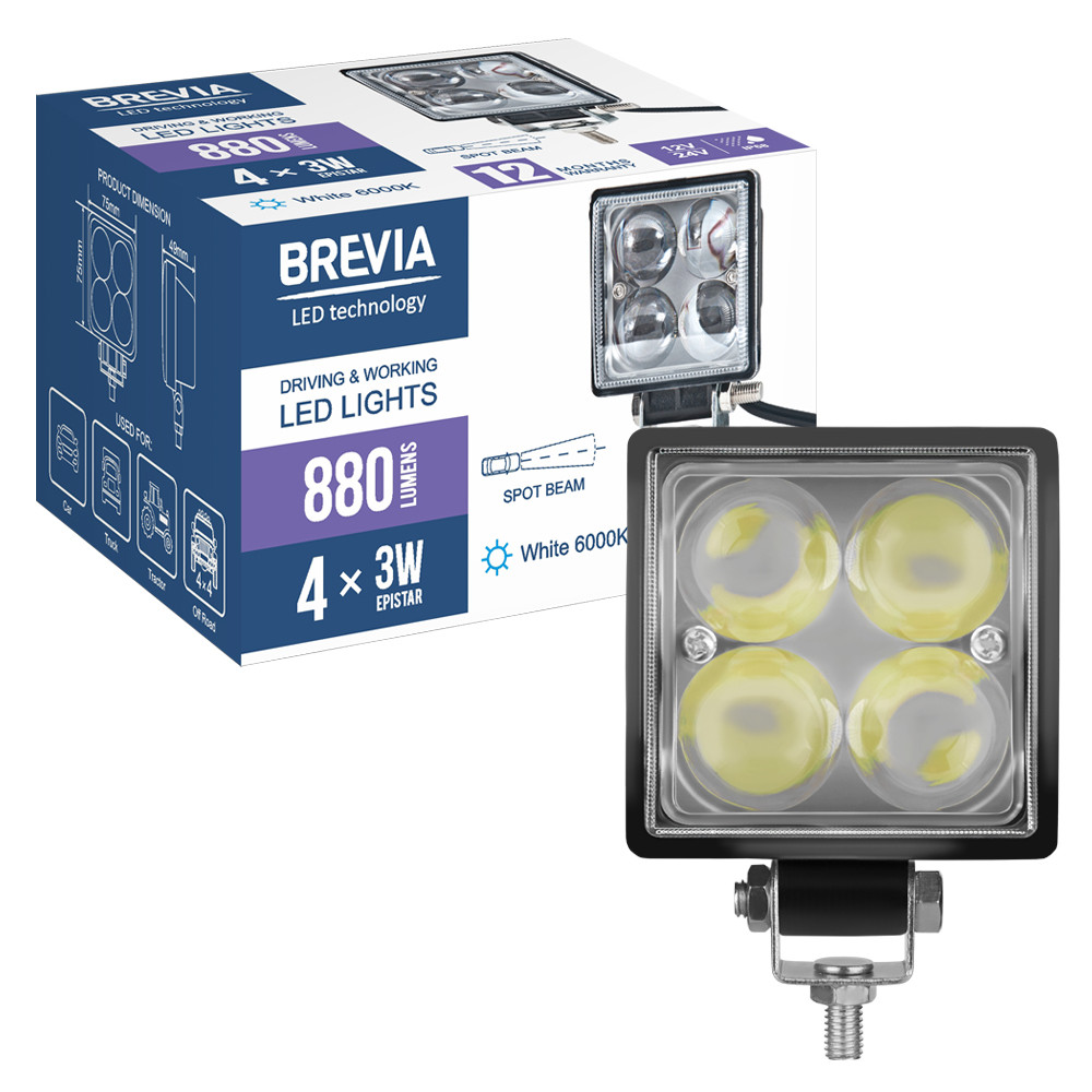 Фара светодиодная Brevia Epistar 4D Spot 10-30V, 12W (4x3W), 880Lm, 1шт (10602QLX1) Львов - изображение 8