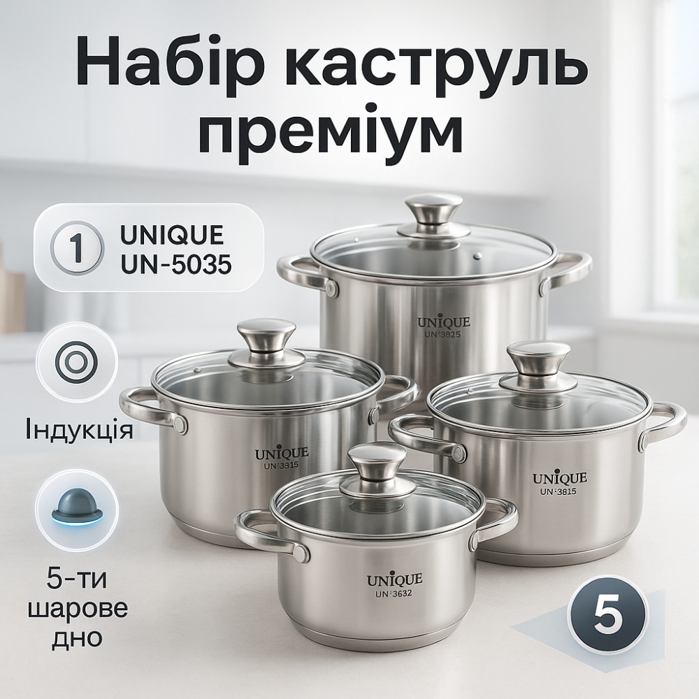Набір посуду каструлі UNIQUE UN-5035, Каструля з нержавіючої сталі, Набір каструль з нержавіючої сталі EL-18 Львів - фото 15