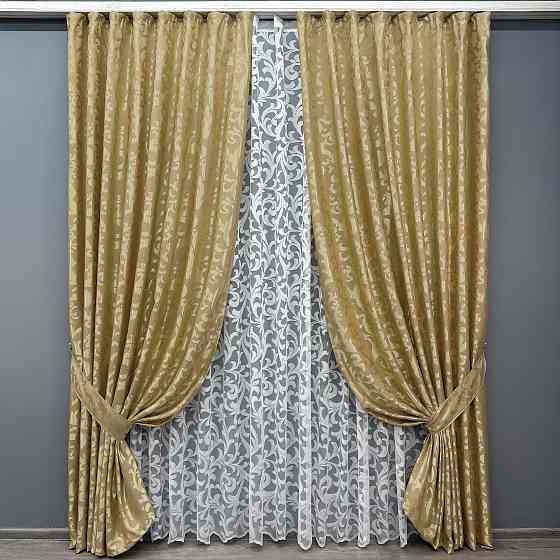 Комплект штор VR-Textil Жакард Вензель 150х270 2шт і Тюль 600х270 091ш-1147т Золотистий з білим 71-097/5 Київ