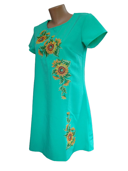 Вишите жіноче плаття з квітковим орнаментом і вільним кроєм «Соняшник» в бірюзовому кольорі Київ - фото 2