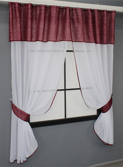 Кухонный комплект VR-Textil № 084к шторки с ламбрекеном бордовый с белым 270х170 см (50-754) Киев - изображение 2