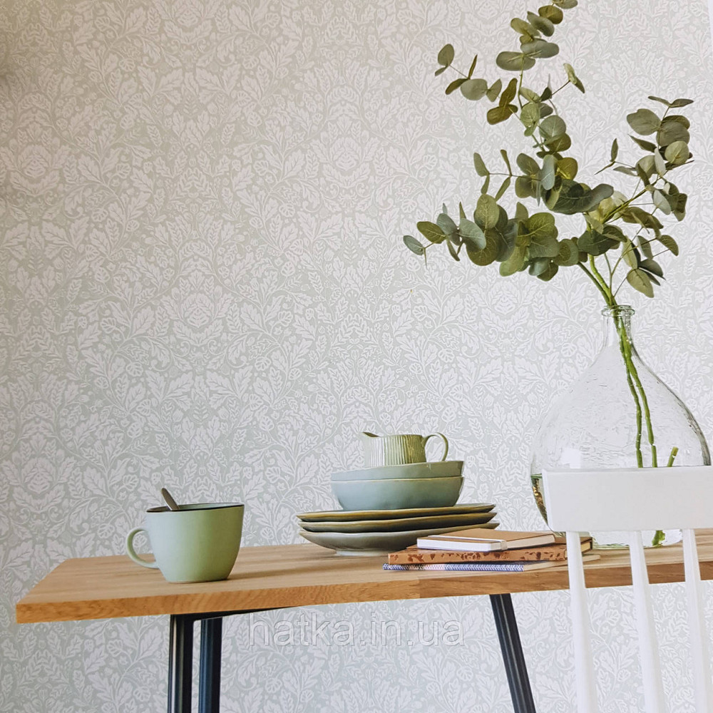 Шпалери вінілові на флізелін Caselio Mystery 0.53х10 м яскраві листя дубок білі на зеленому перламутрі Київ - фото 1