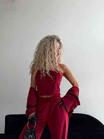 Жіночий велюровий костюм-трійка: кофта корсет і штани Бордовий, 42/46 Одеса