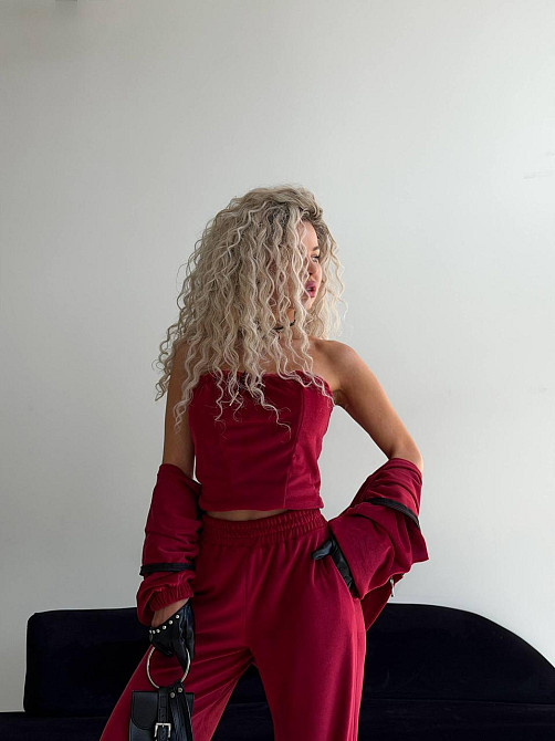 Женский велюровый костюм тройка: кофта корсет и штаны Бордовый, 42/46 Одесса - изображение 5