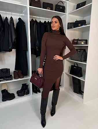 Женское романтичное теплое платье-гольф с разрезом по ножке ангора рубчик Шоколад, 42/44 Одесса