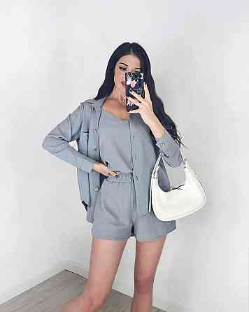 Жіночий легкий костюм-трійка: сорочка, майка та шорти креп жатка Сірий, 44/46 Одеса